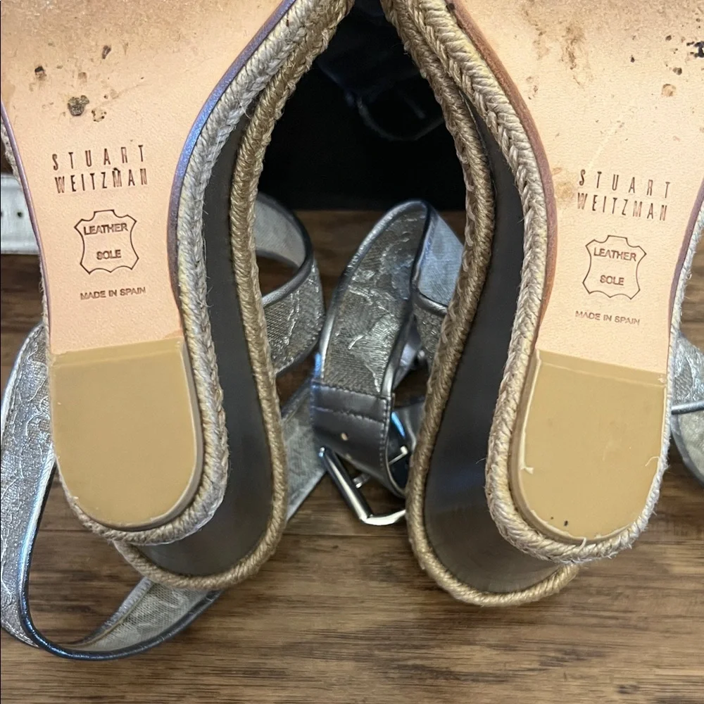Stuart Weitzman Metallic Silver Espadrille Wedge Sandals - Picture 9 of 9